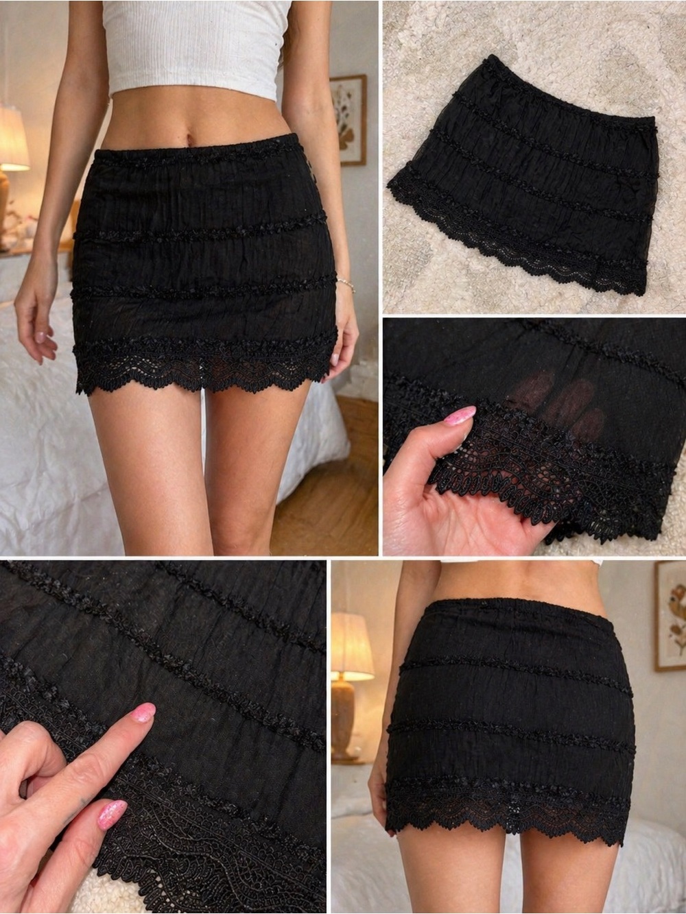 Black Lace Trim Mini Skirt
